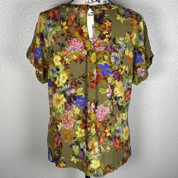 Banana Republic Sz M Short-Sleeve Silk Blend Blouse Olive Green Floral Stretch - Picture 4 of 8